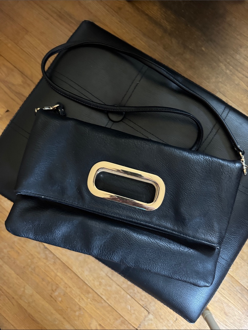 Express Black Leather Crossbody with Gold Accent Hardware